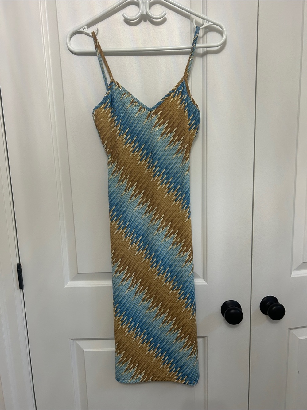 Vintage Diagonal Stripe Midi Slip Dress in Blue and Brown